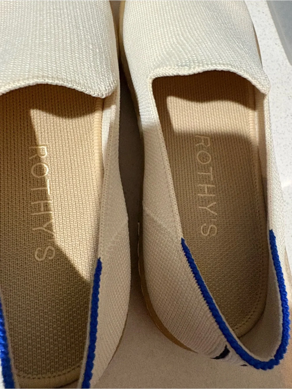 Rothy's Cream Espadrille Flats with Blue and Black Stripes